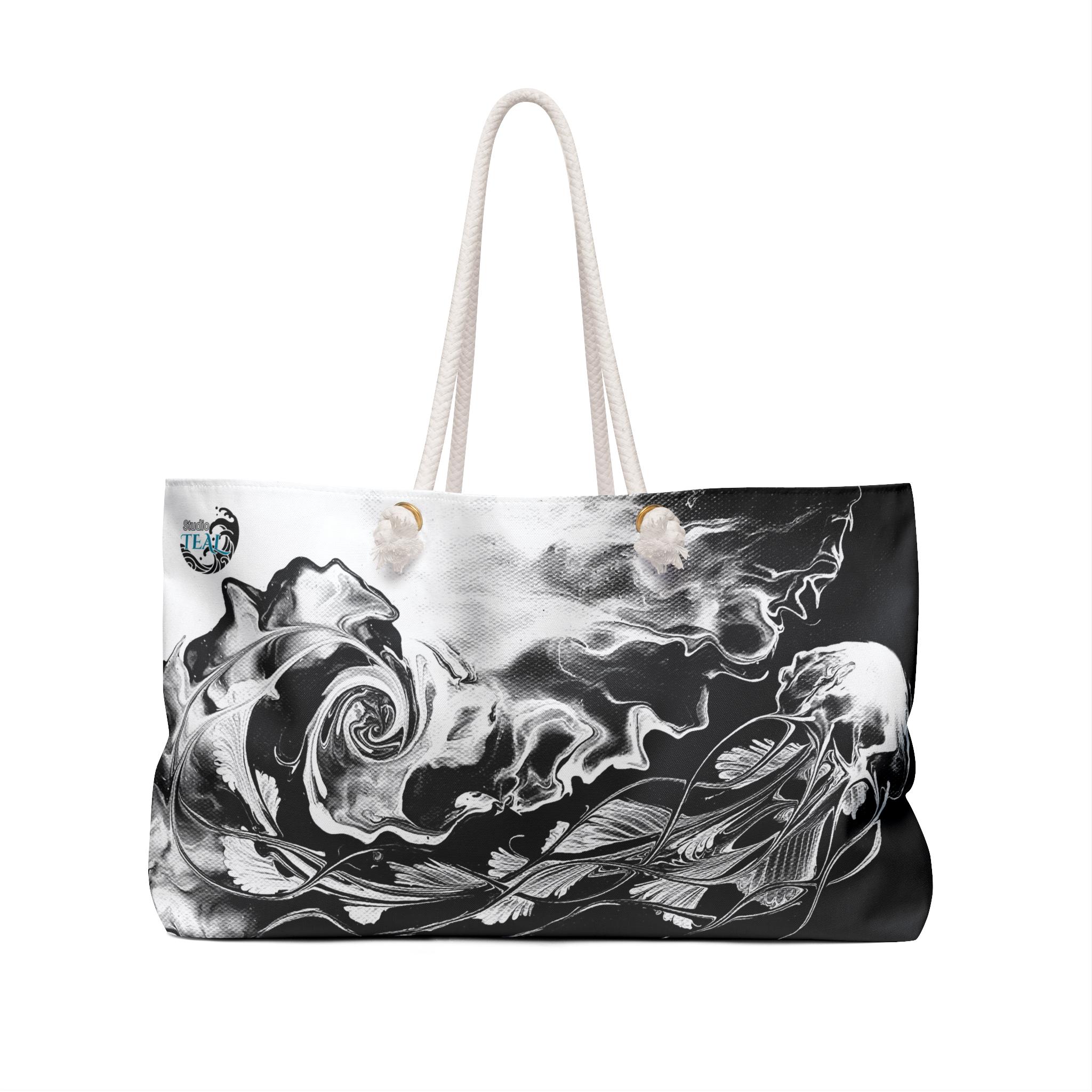 Oceanic Balance Beach Bag: Artistic Weekender Bag/Beach Tote with Oceanic Artwork by Studio Teal: Beach Bag, Black and White Design, Eco-Friendly Gift