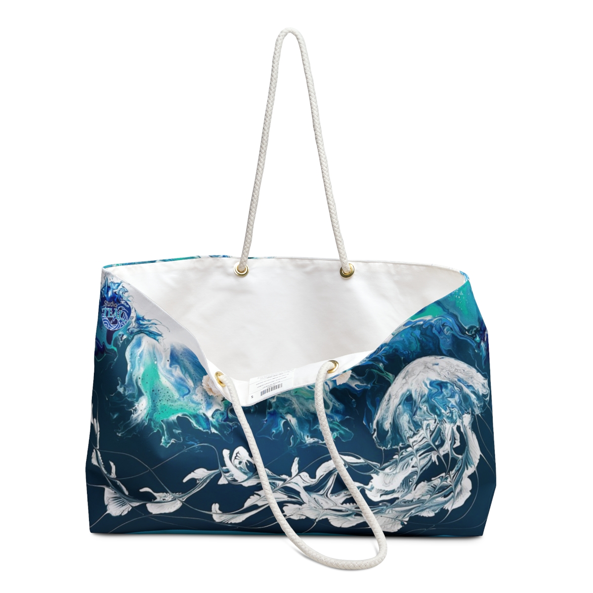 Oceanic-Themed Designer Beach Bag: Artistic Weekender Bag/Beach Tote with Oceanic Artwork by Studio Teal: Beach Bag, Black and White Design, Eco-Friendly Gift
