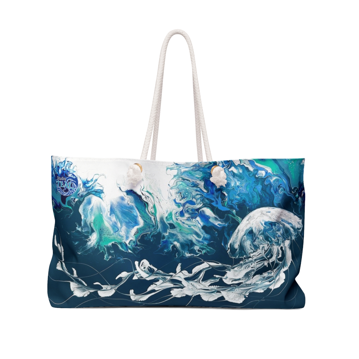 Oceanic-Themed Designer Beach Bag: Artistic Weekender Bag/Beach Tote with Oceanic Artwork by Studio Teal: Beach Bag, Black and White Design, Eco-Friendly Gift