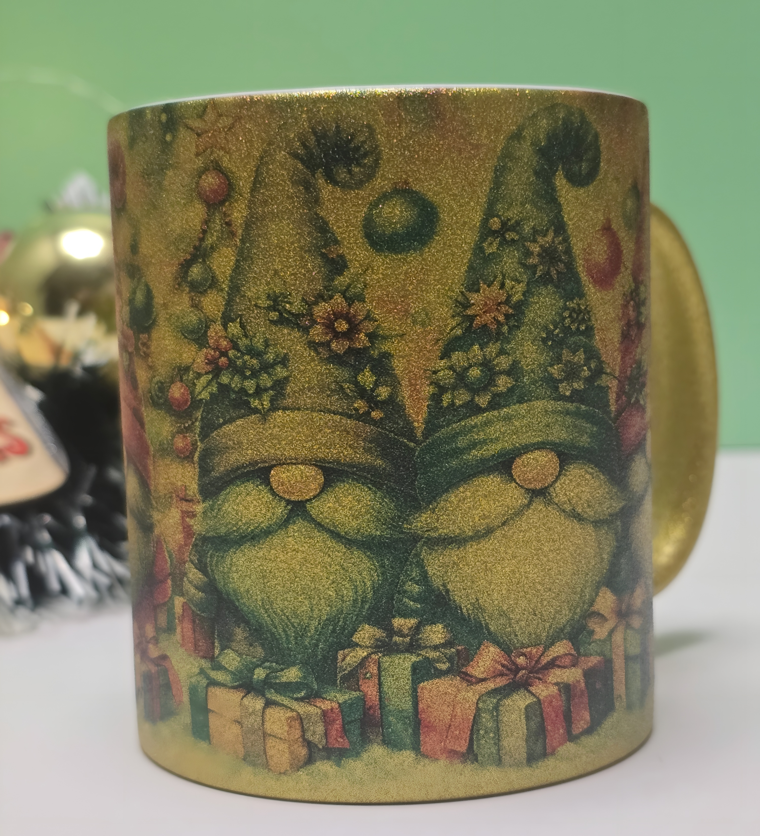 Festive Gnome Mug - Gold Glitter Christmas Cup