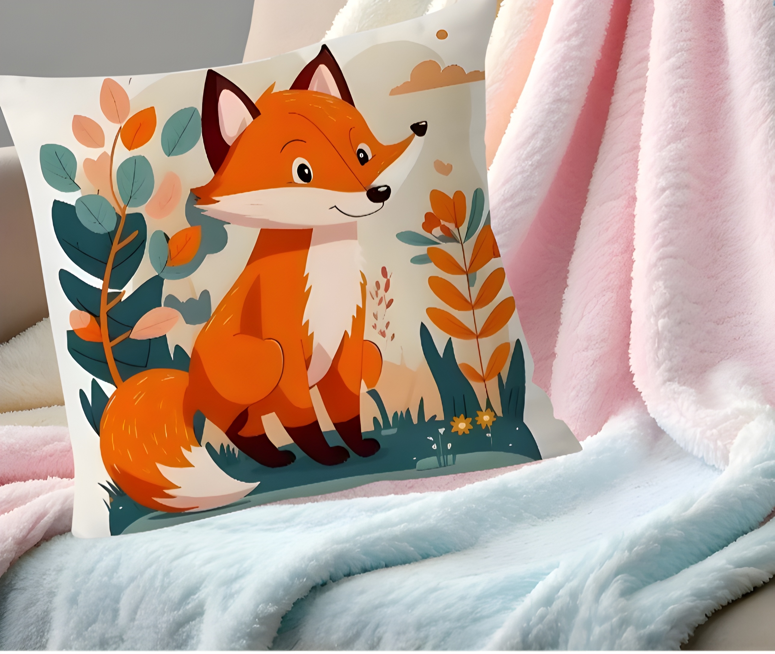 Fox Pillow Case for Kids or Baby - Cute Woodland  Cushion Cover 