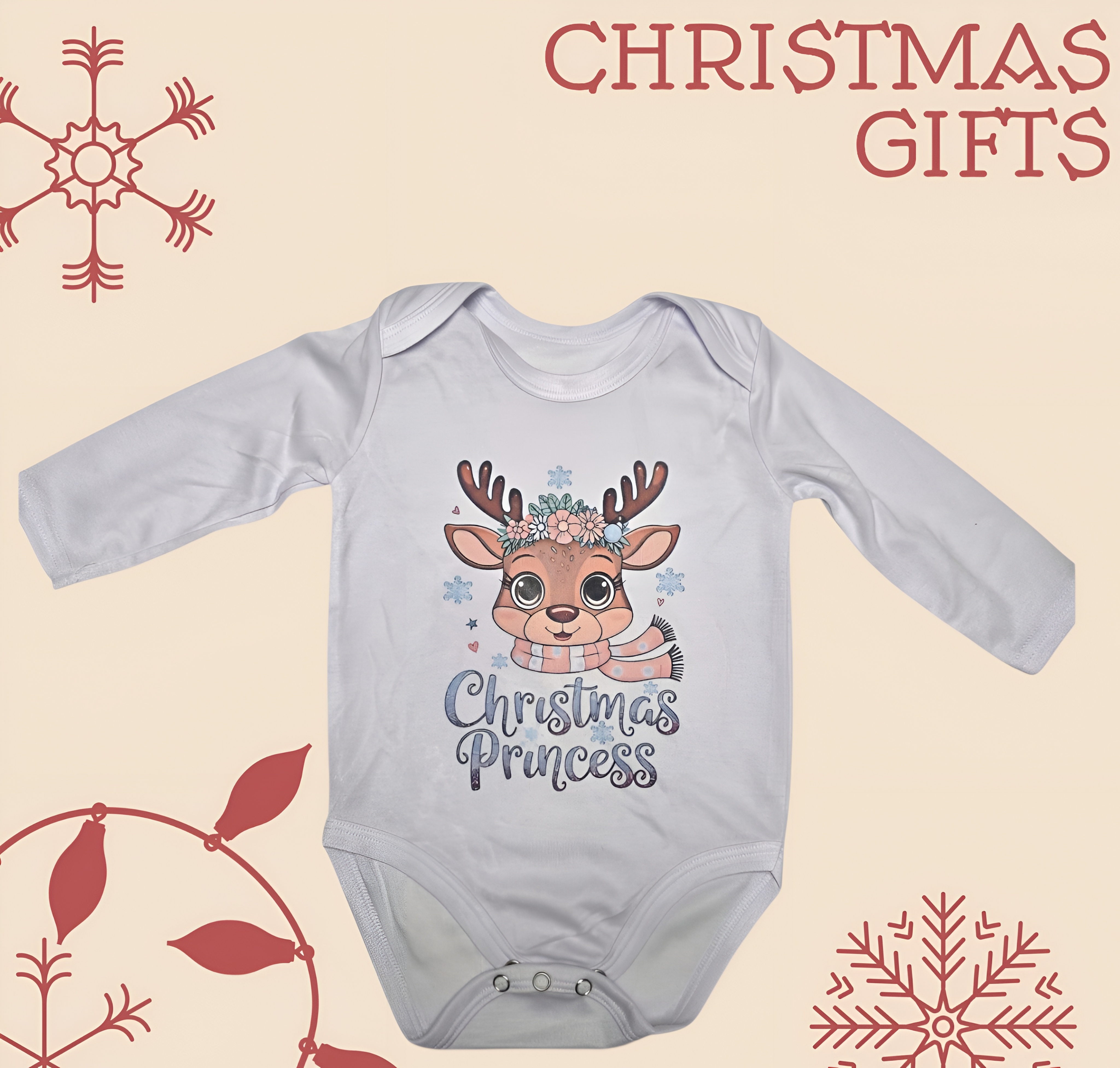 Limited Edition Gray Baby Bodysuit (3-6 Months) - Christmas Princess with Cloud Gift Bag