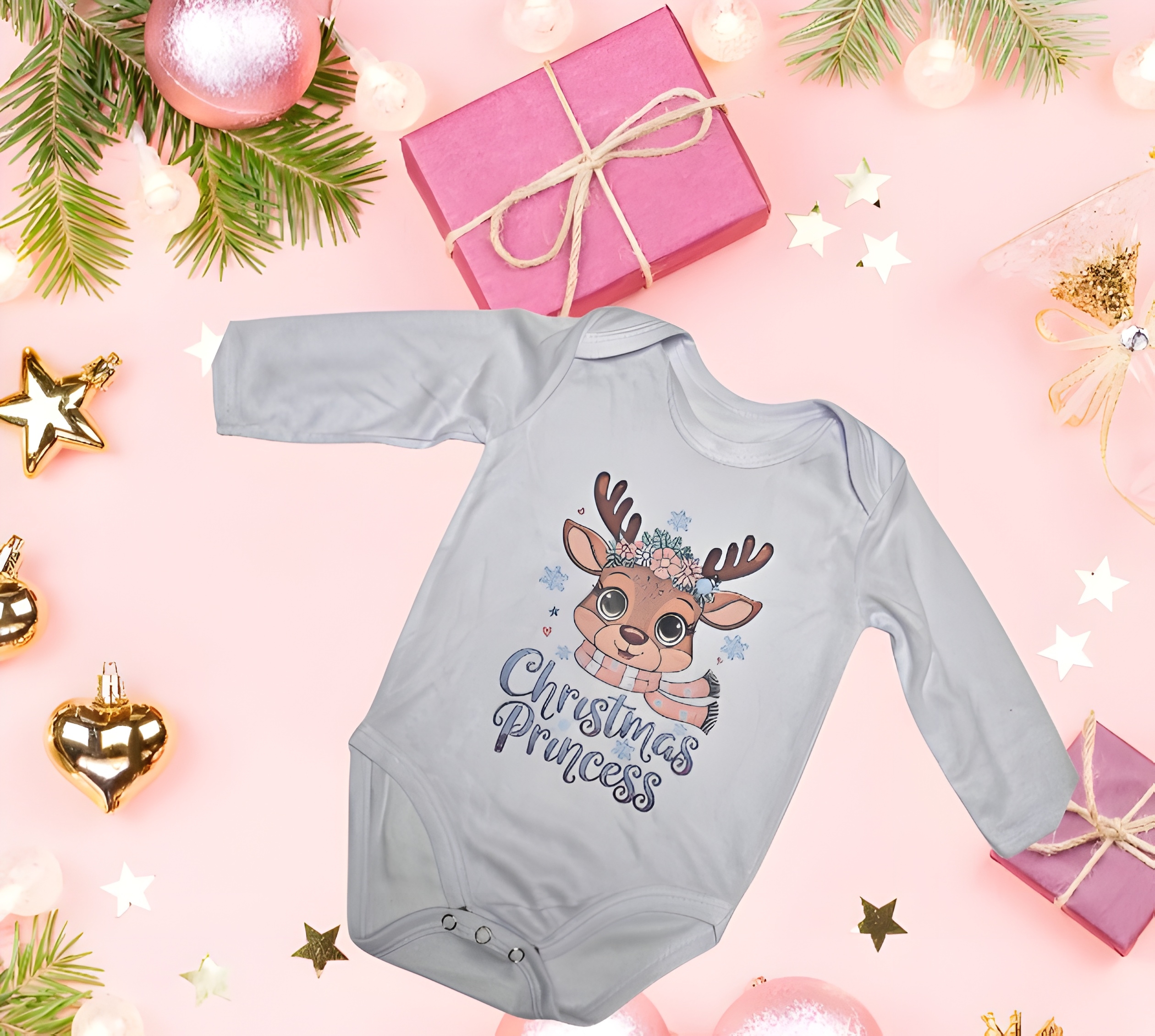Limited Edition Gray Baby Bodysuit (3-6 Months) - Christmas Princess with Cloud Gift Bag