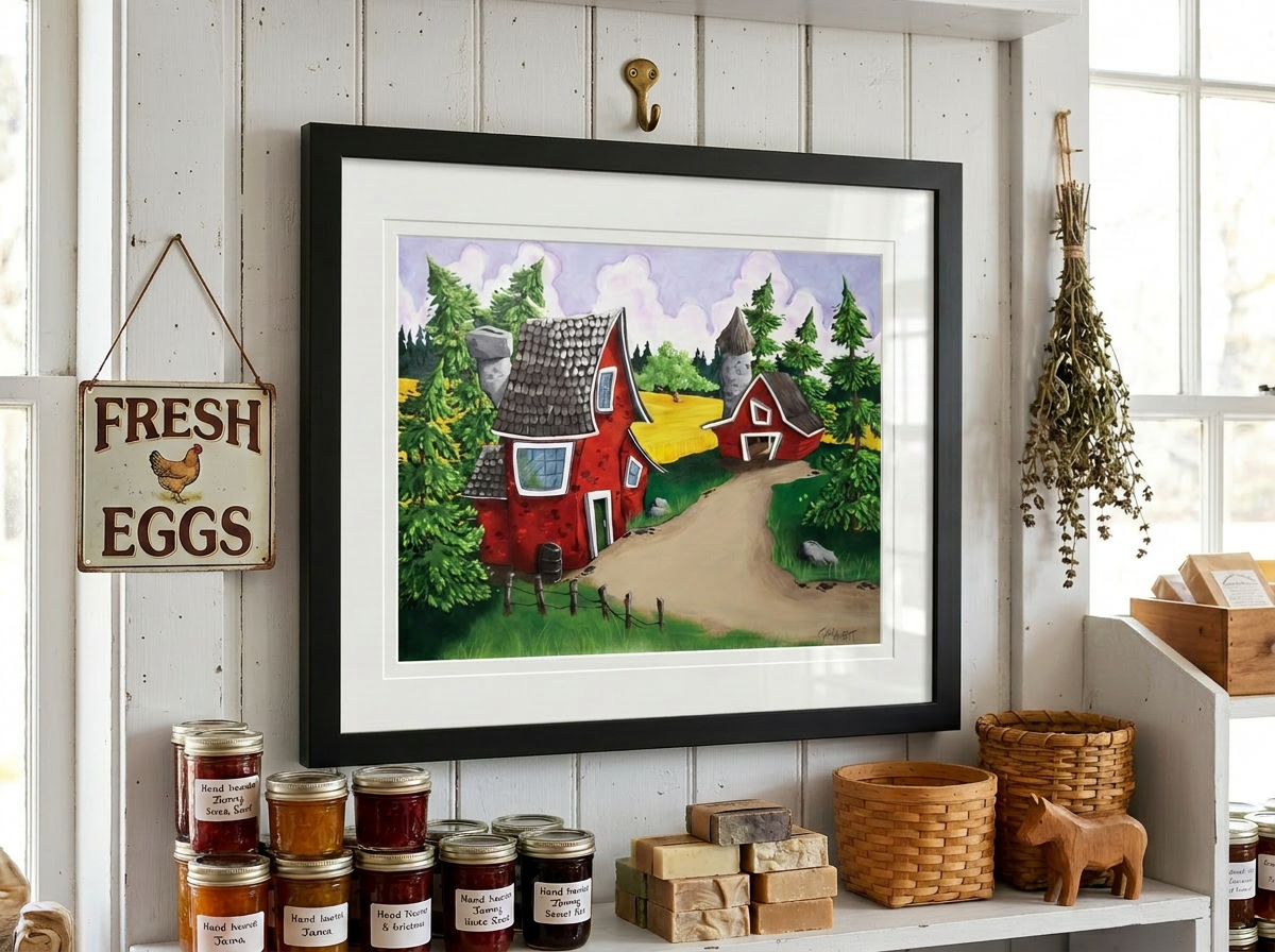 Little Red Homestead -Original Acrylic Painting - Matted and Framed 