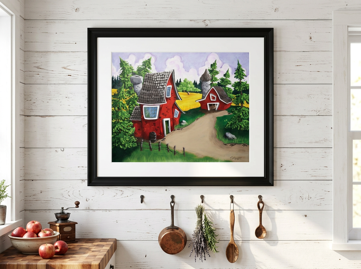 Little Red Homestead -Original Acrylic Painting - Matted and Framed 