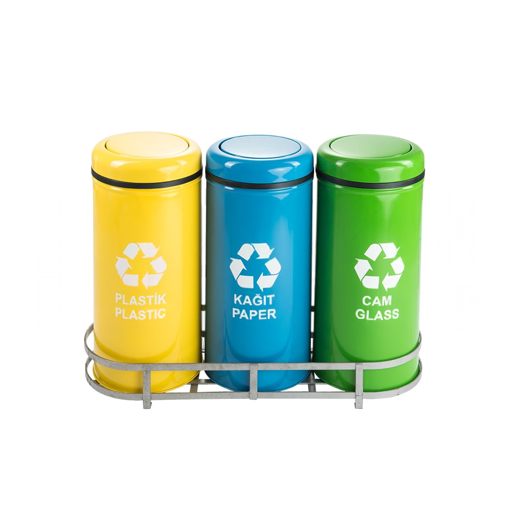 ÜÇLÜ PRATİK KAPAKLI GERİ DÖNÜŞÜM ATIK ÜNİTESİ ELEKTROSTATİK BOYALI 81 LT