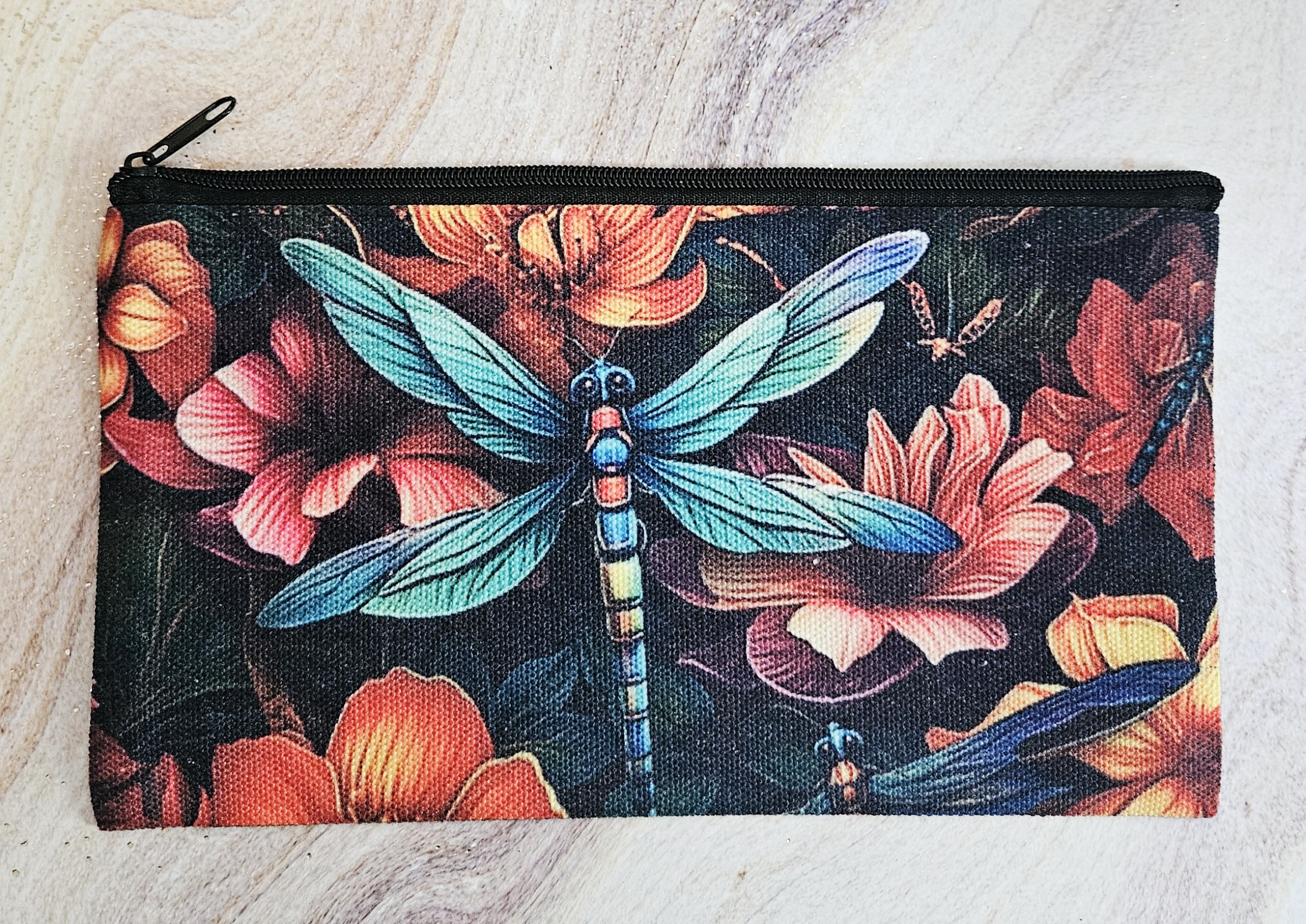 Dragonfly Floral Zipper Makeup Bag