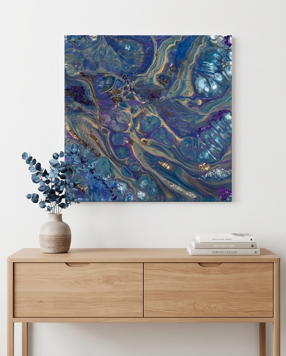 Blue and Gold Abstract Fluid Art