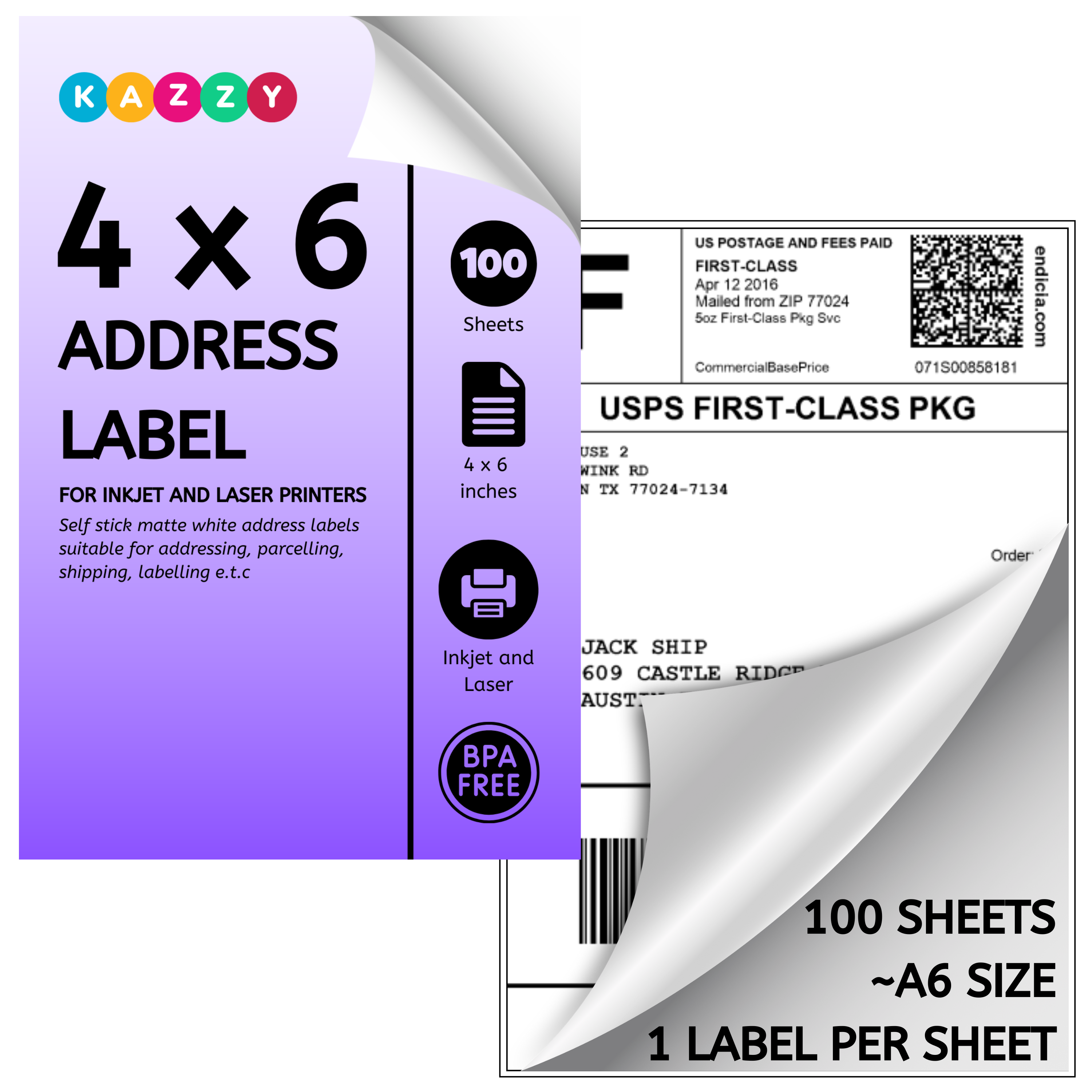 4 x 6 Labels for Inkjet and Laser Printer | 102 x 152 mm (1 Per Sheet)
