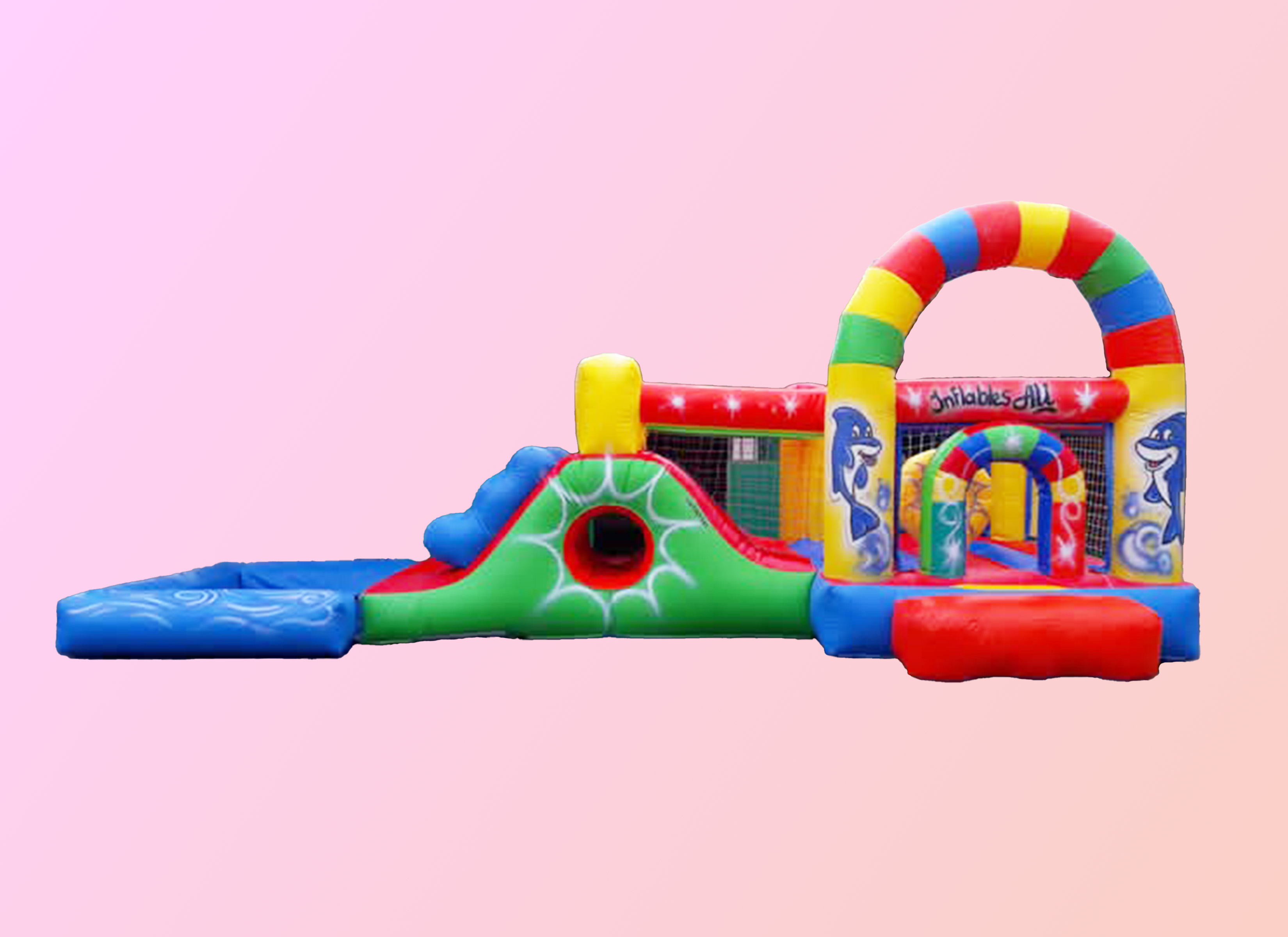 Castillo inflable 8x3 mts. arco iris rampa túnel con pileta