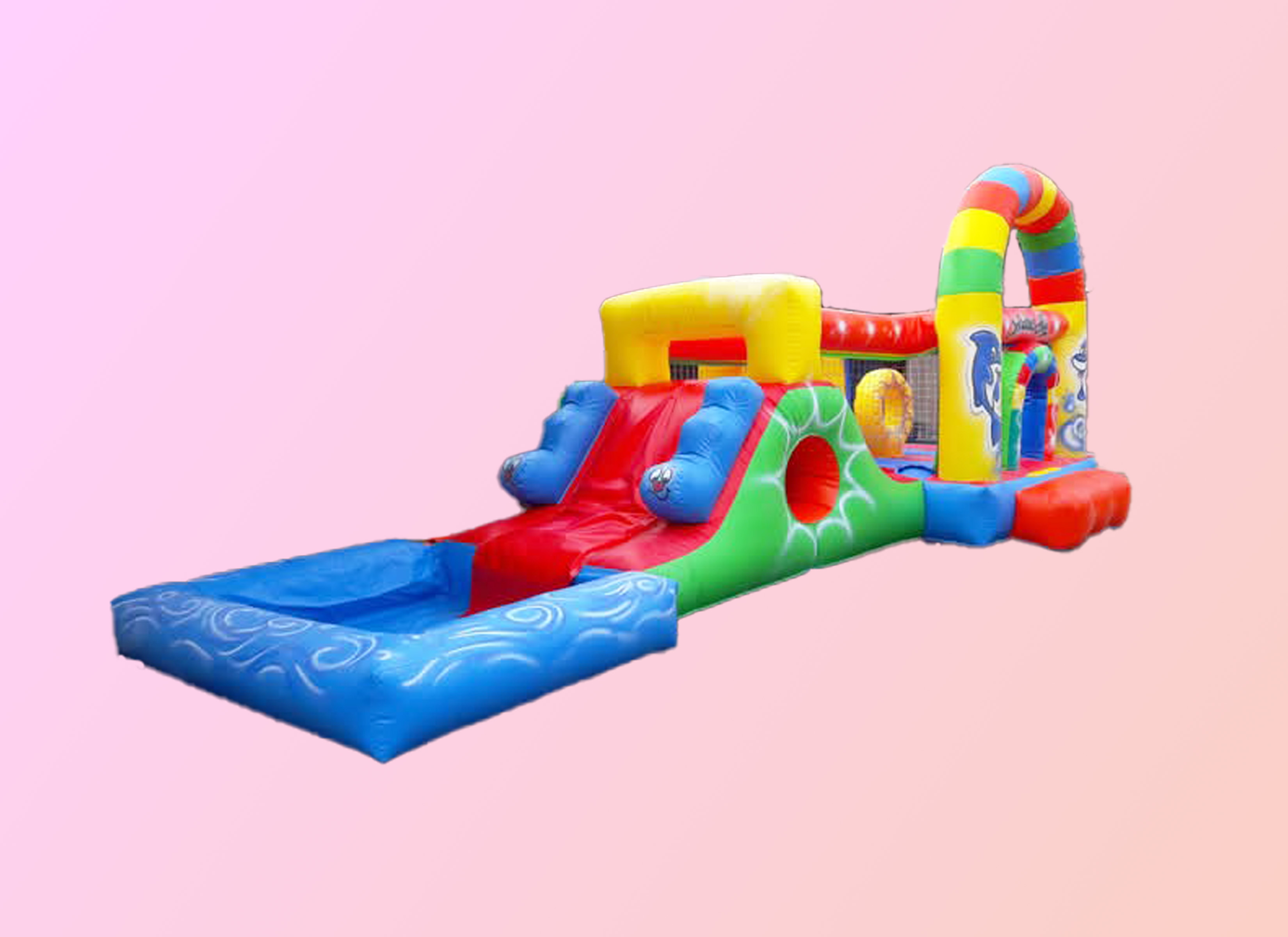 Castillo inflable 8x3 mts. arco iris rampa túnel con pileta