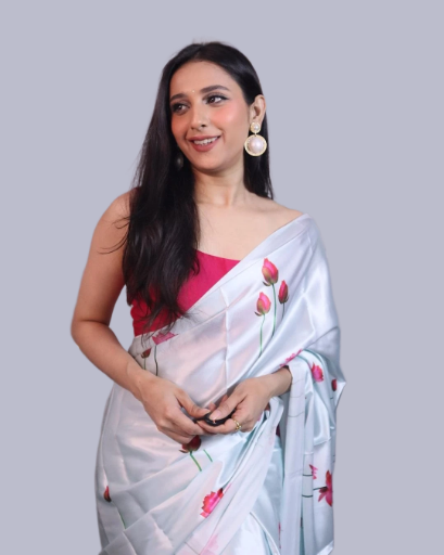 Elegant White Floral Satin Silk Saree
