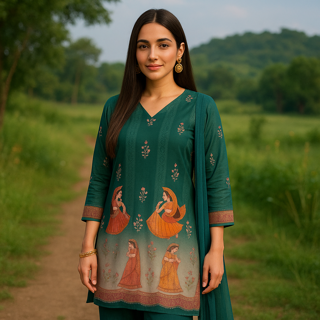 Traditional Green Kurta Set with Pant and Dupatta