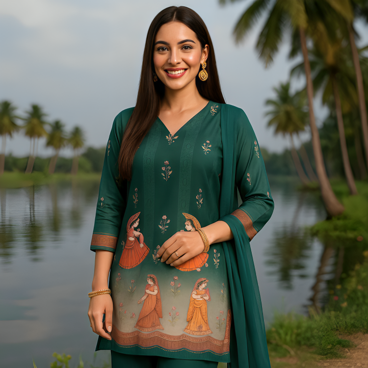 Traditional Green Kurta Set with Pant and Dupatta