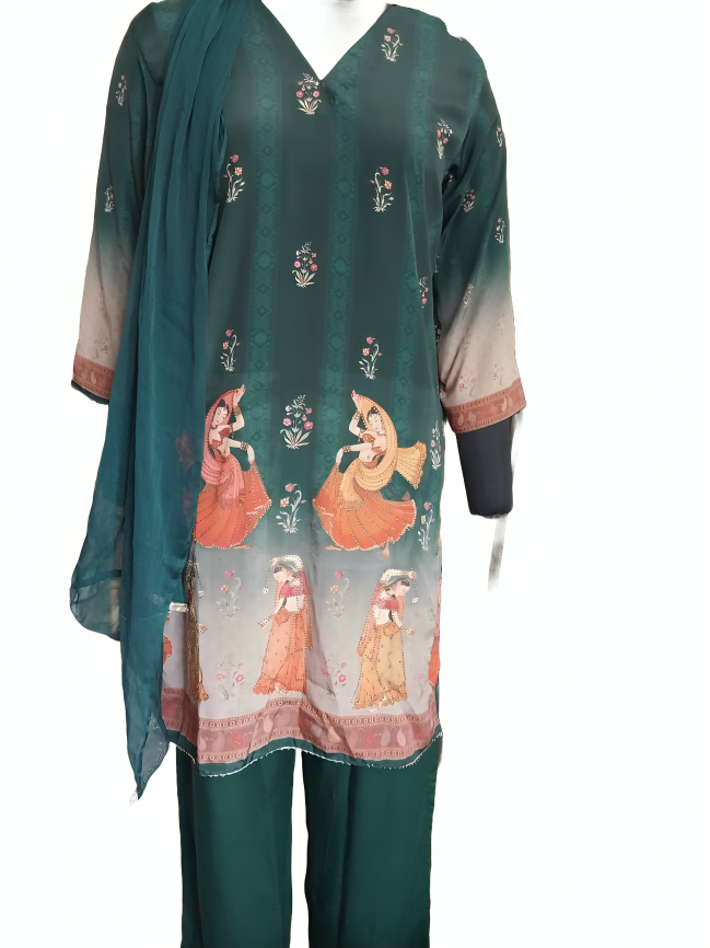 Traditional Green Kurta Set with Pant and Dupatta