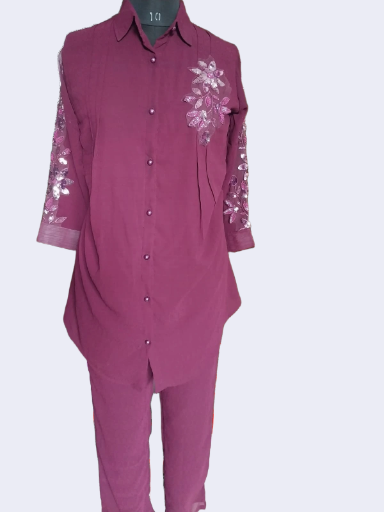 Women's Maroon Embroidered Coord Set