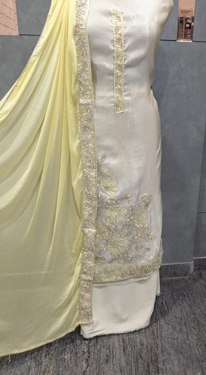 Elegant Cream and Yellow Embroidered Suit