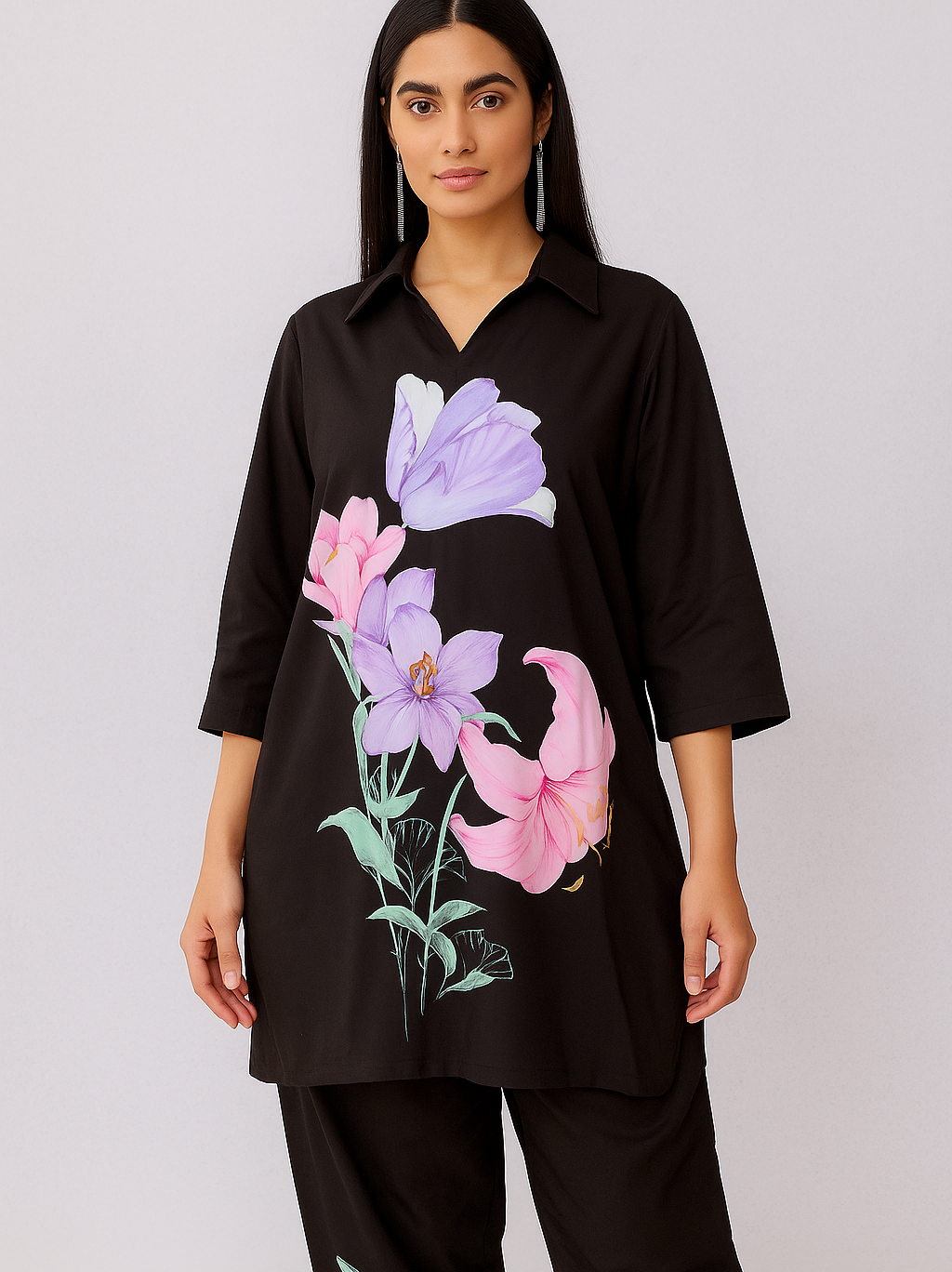 Designer Black Floral Print Top and Pant 