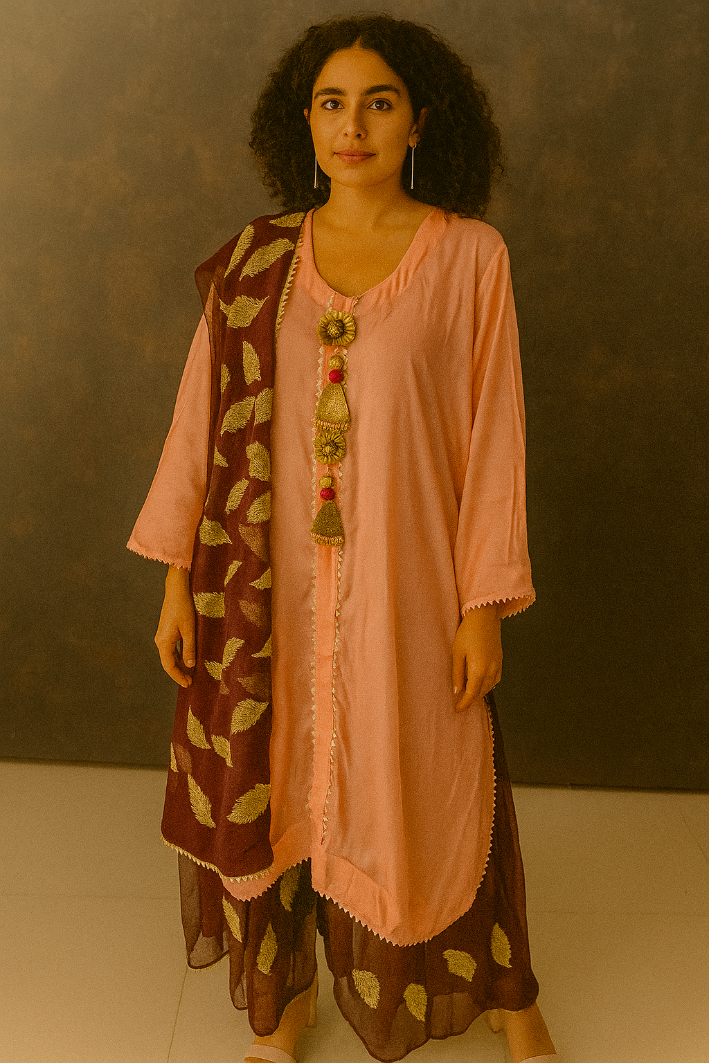 Peach Ethnic Kurta and Shara set with dupatta