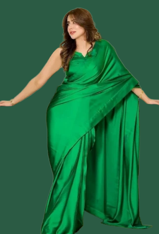 Green Satin Silk Saree with Unstitched Blouse  