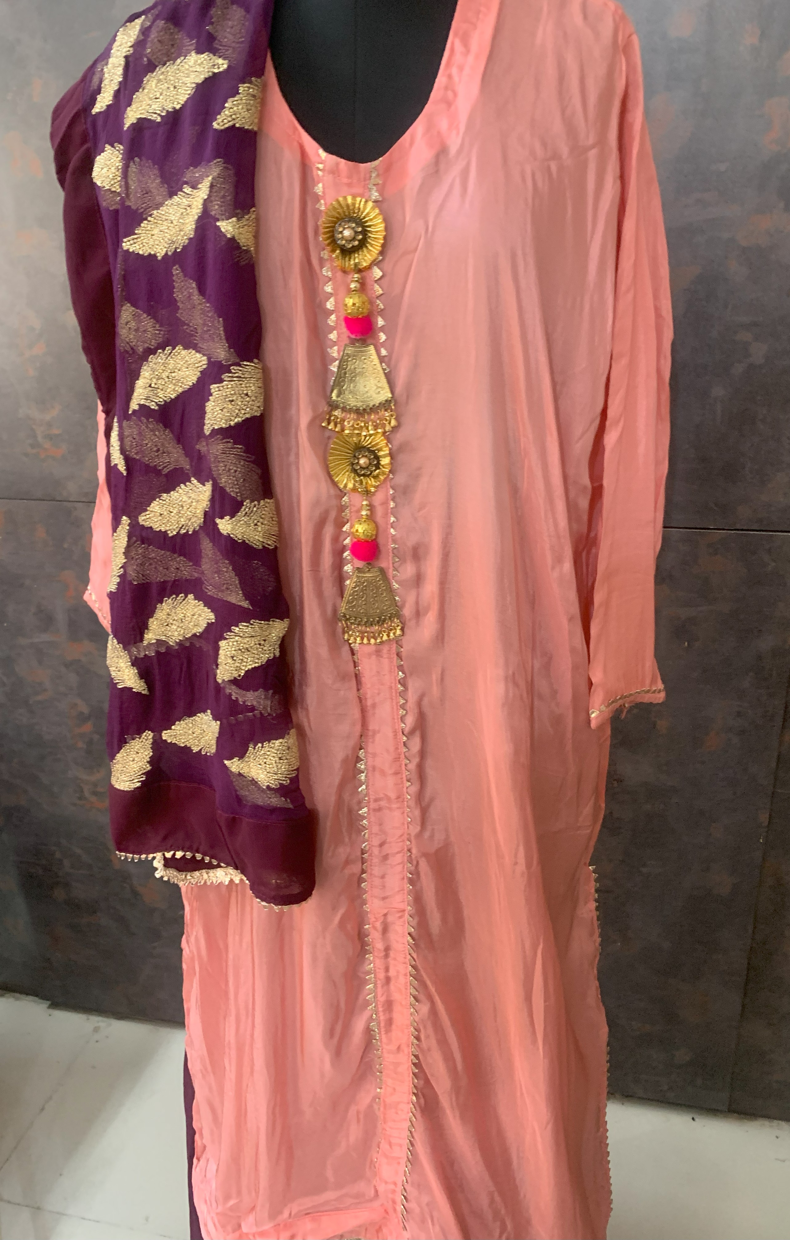 Peach Ethnic Kurta and Shara set with dupatta