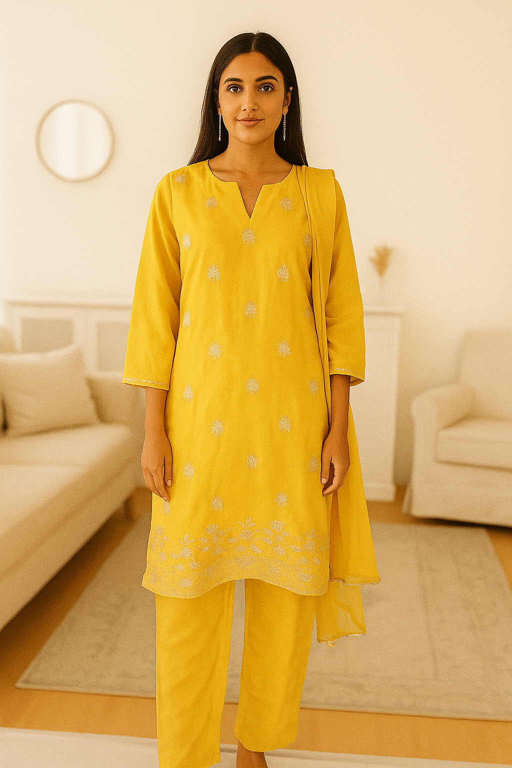 Yellow Embroidered Three-Piece Stitched Suit
