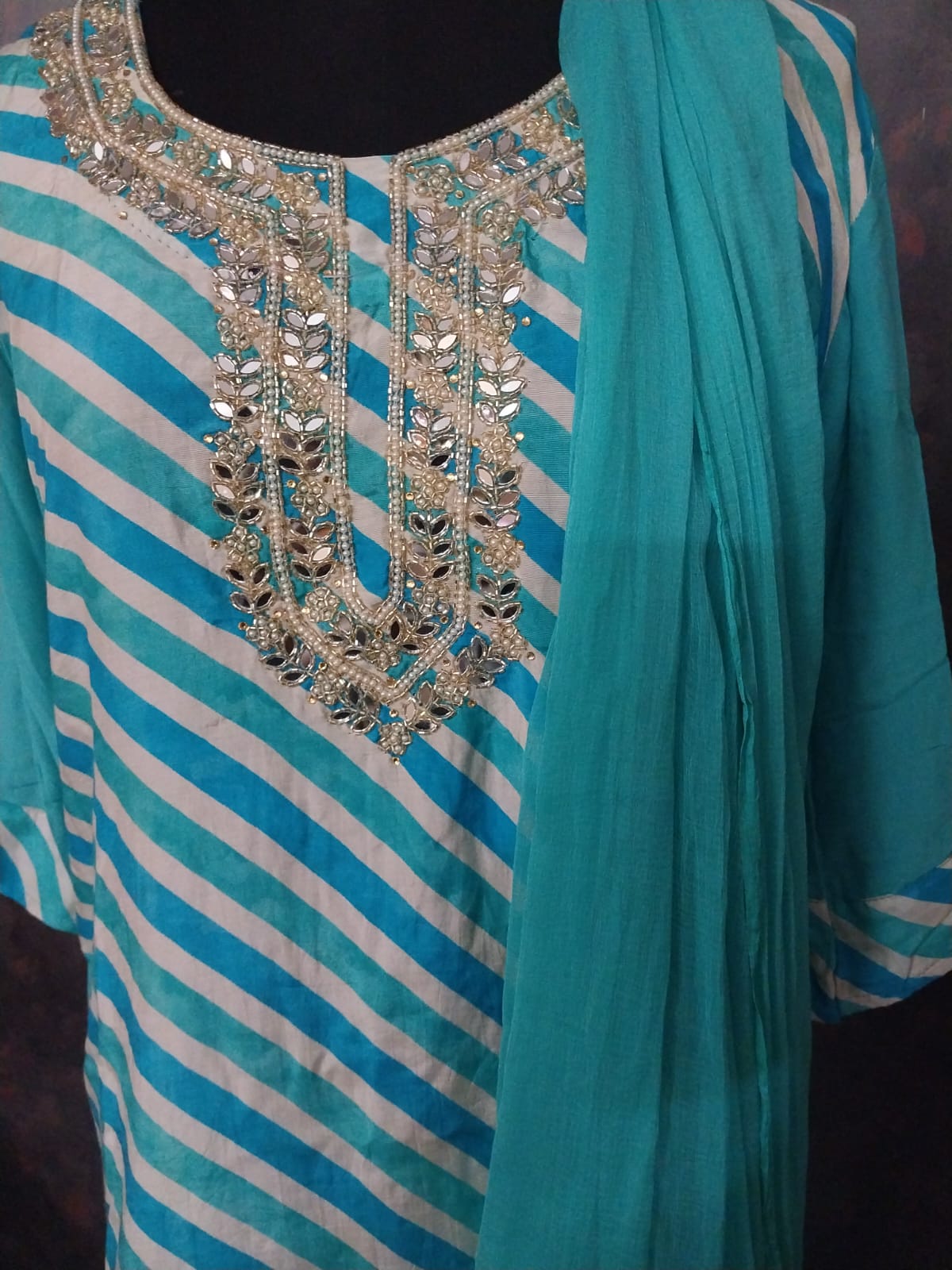 Turquoise and White Striped Kurti and Pant with dupatta 