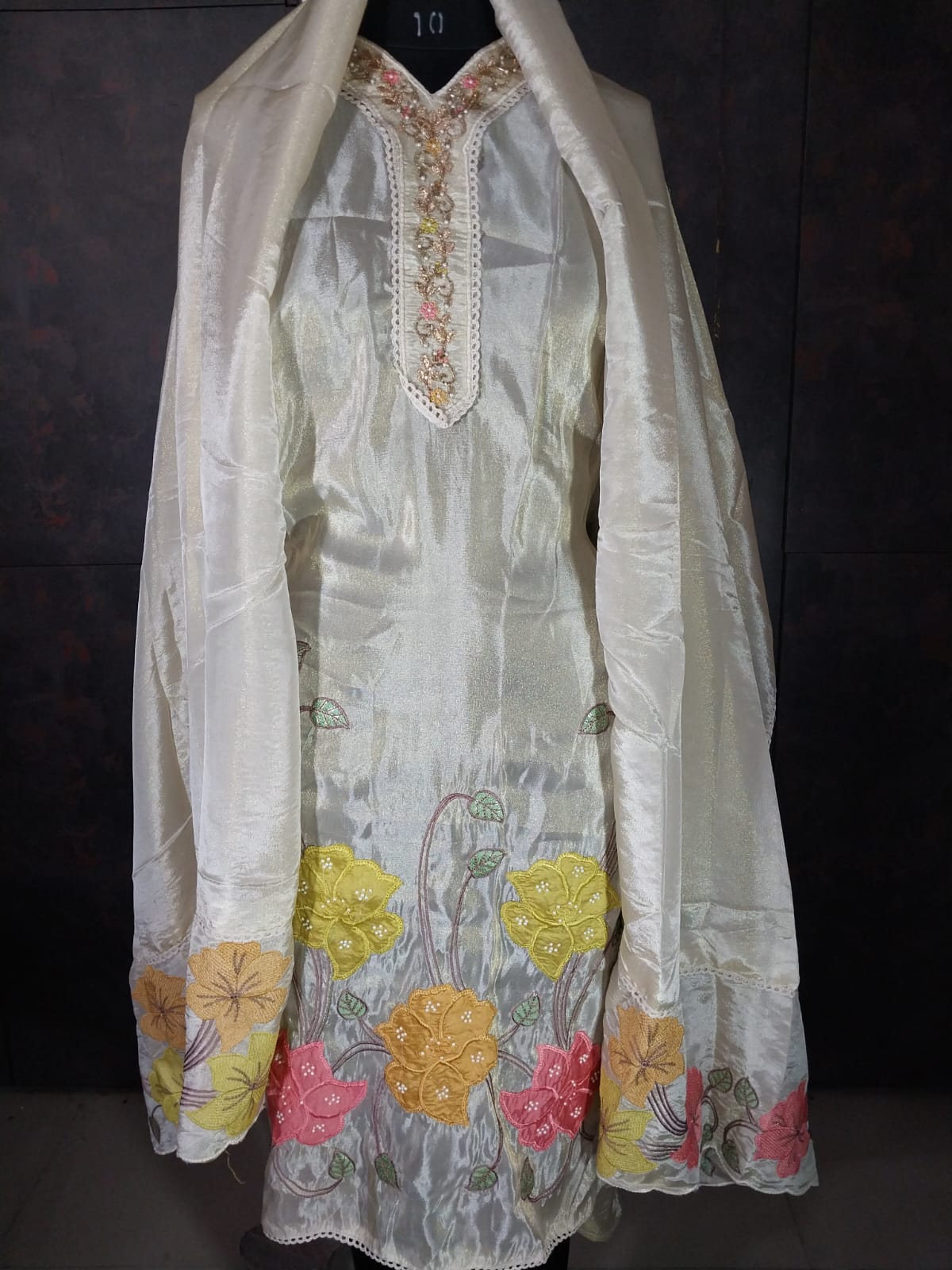 Shimmer Tissue semi stitched Suit ivory colour