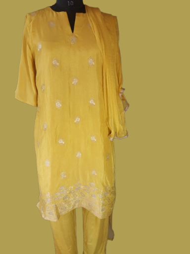 Yellow Embroidered Three-Piece Stitched Suit