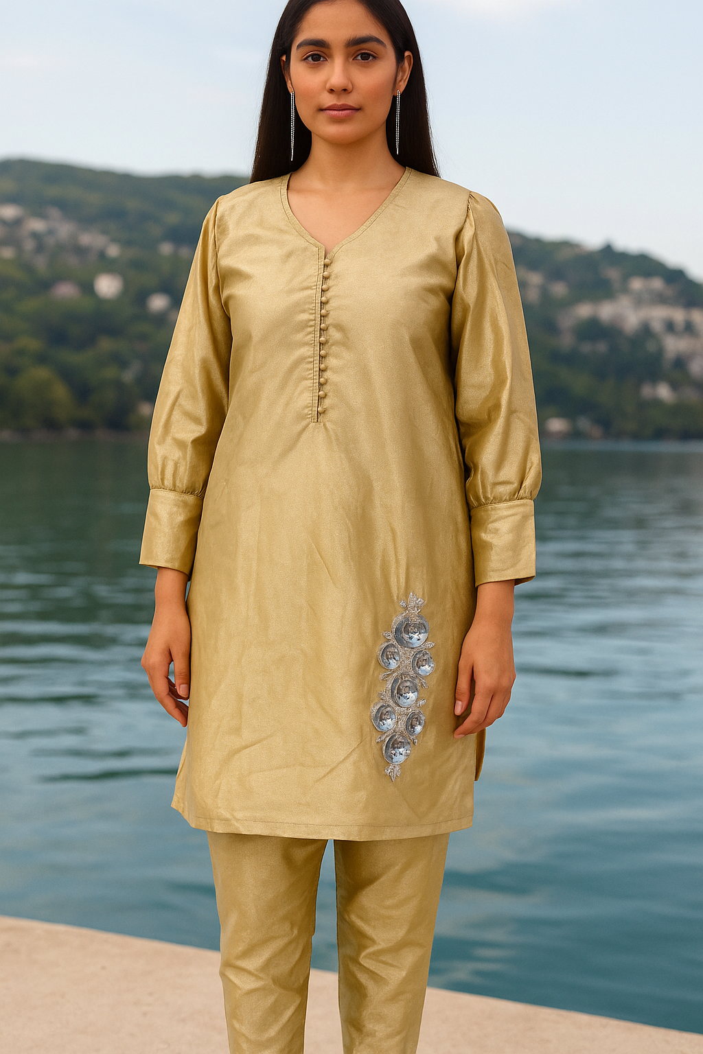 Golden Embroidered Kurta Pant Set