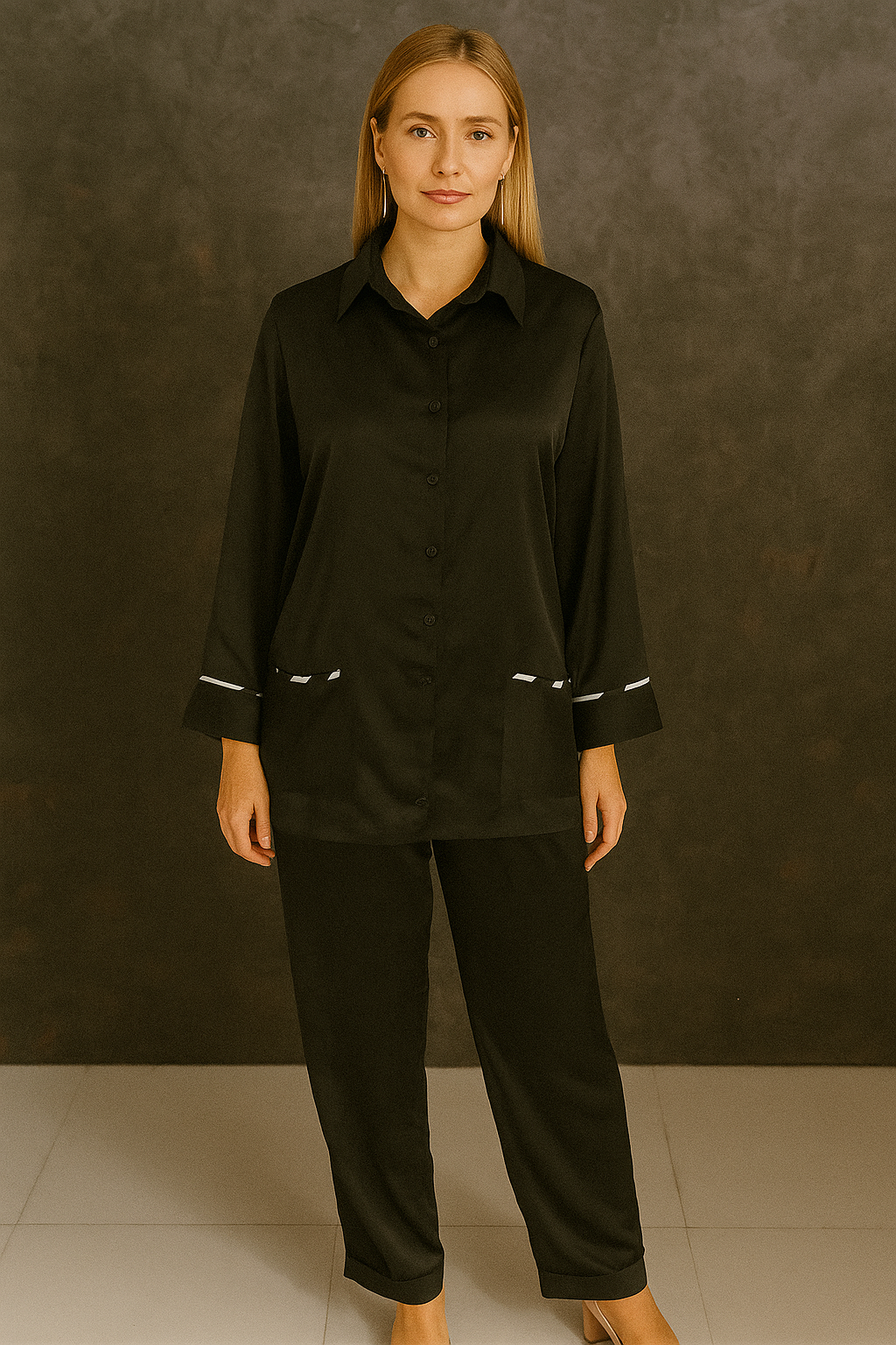 Women's Black Imported soft Satin Coord Set