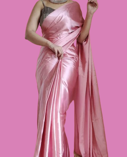 Pink Satin Silk Saree with Unstitched Blouse 