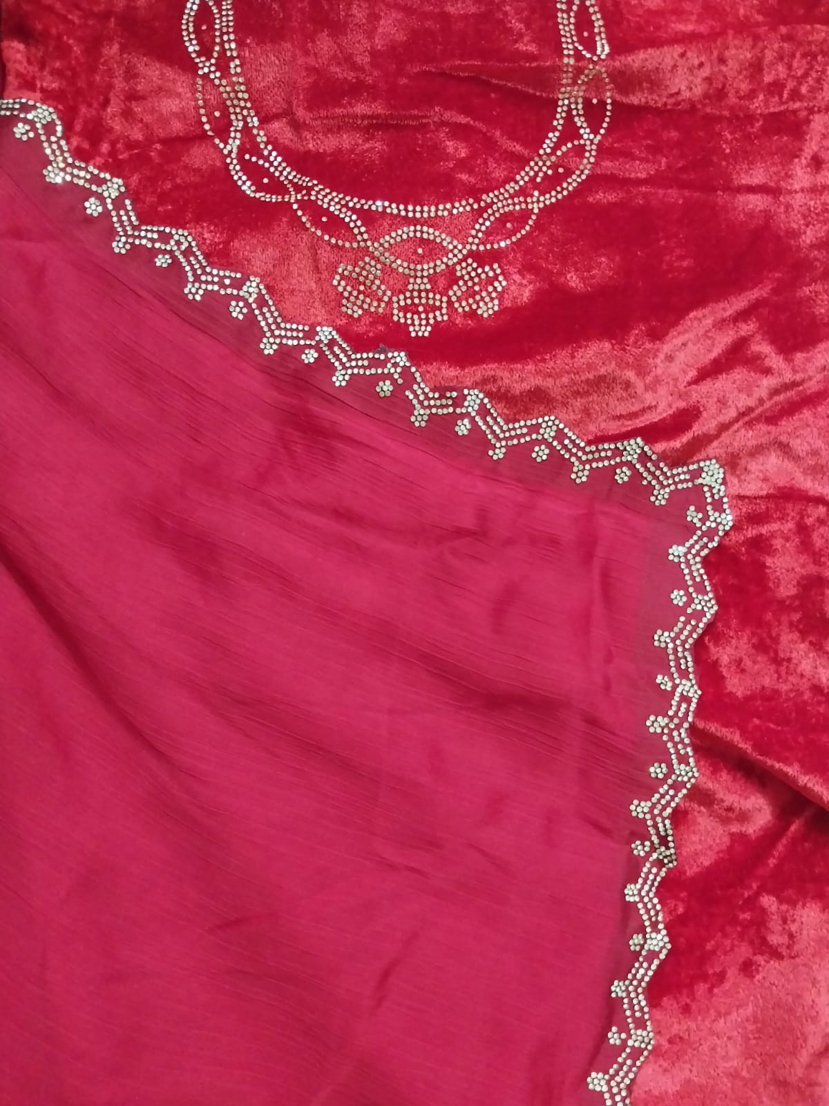 Embroidered Red Saree and Velvet Blouse with Belt