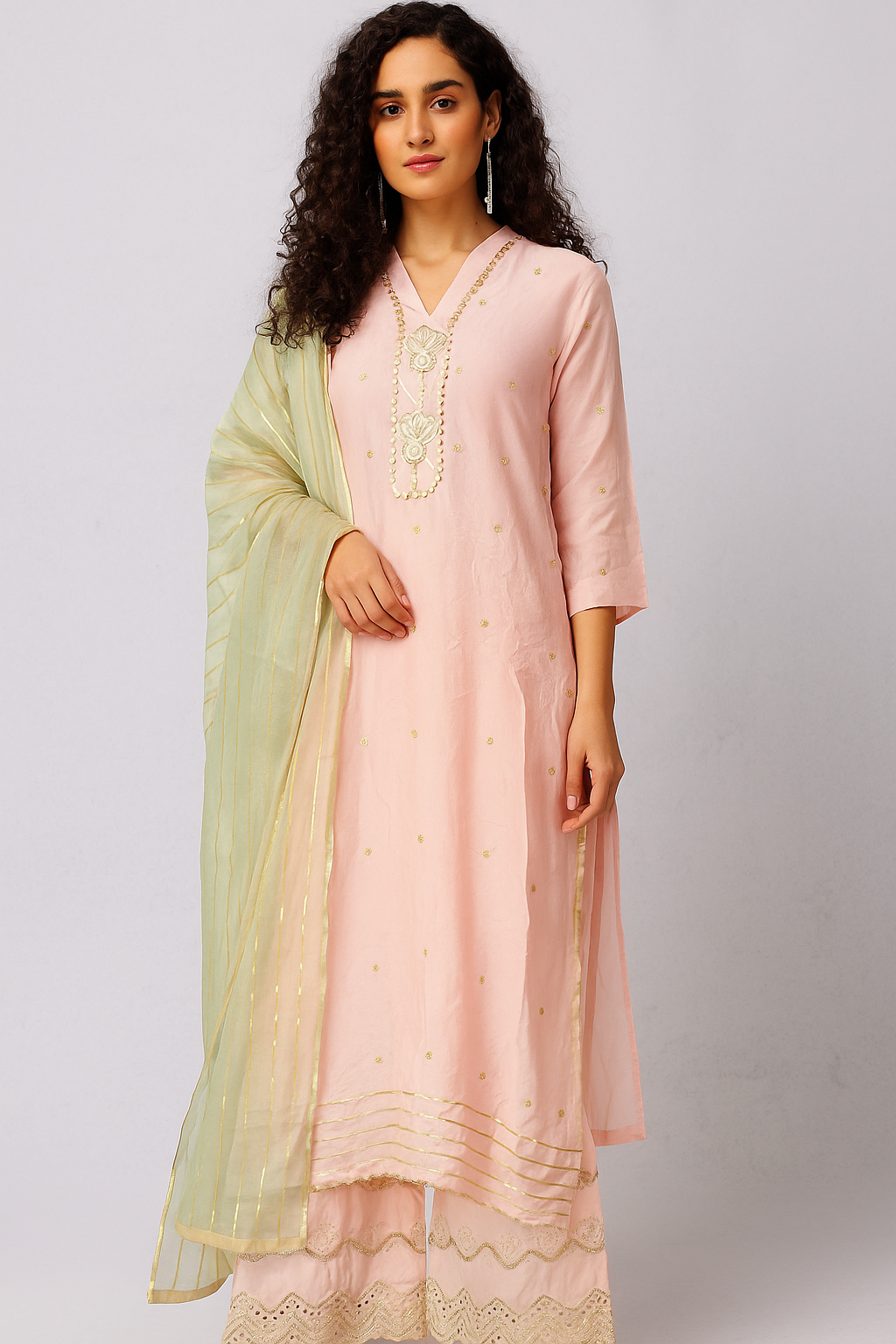 Pastel Pink etinic wear Embroidered Kurta, Plazo and dupatta Set