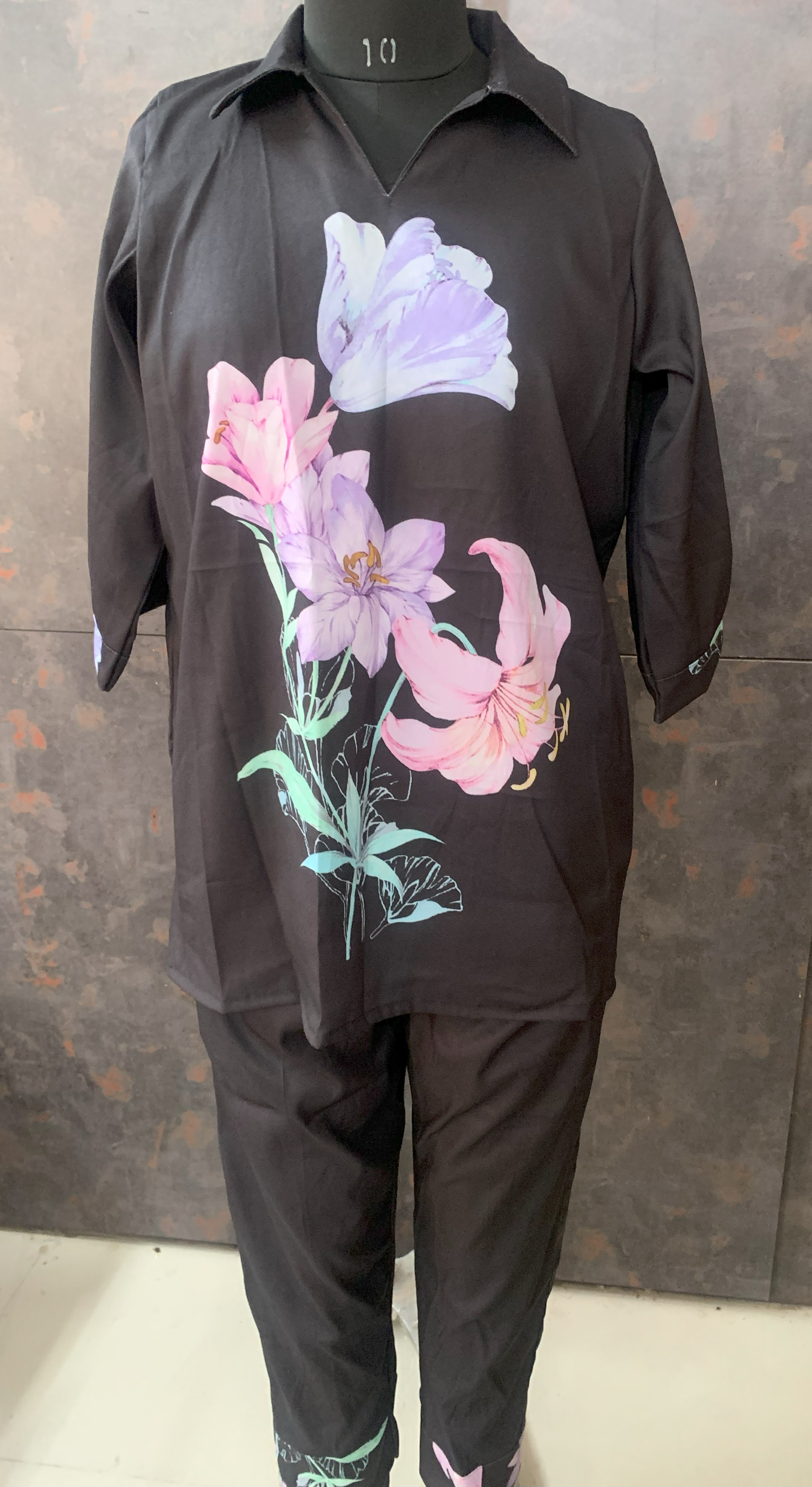 Designer Black Floral Print Top and Pant 