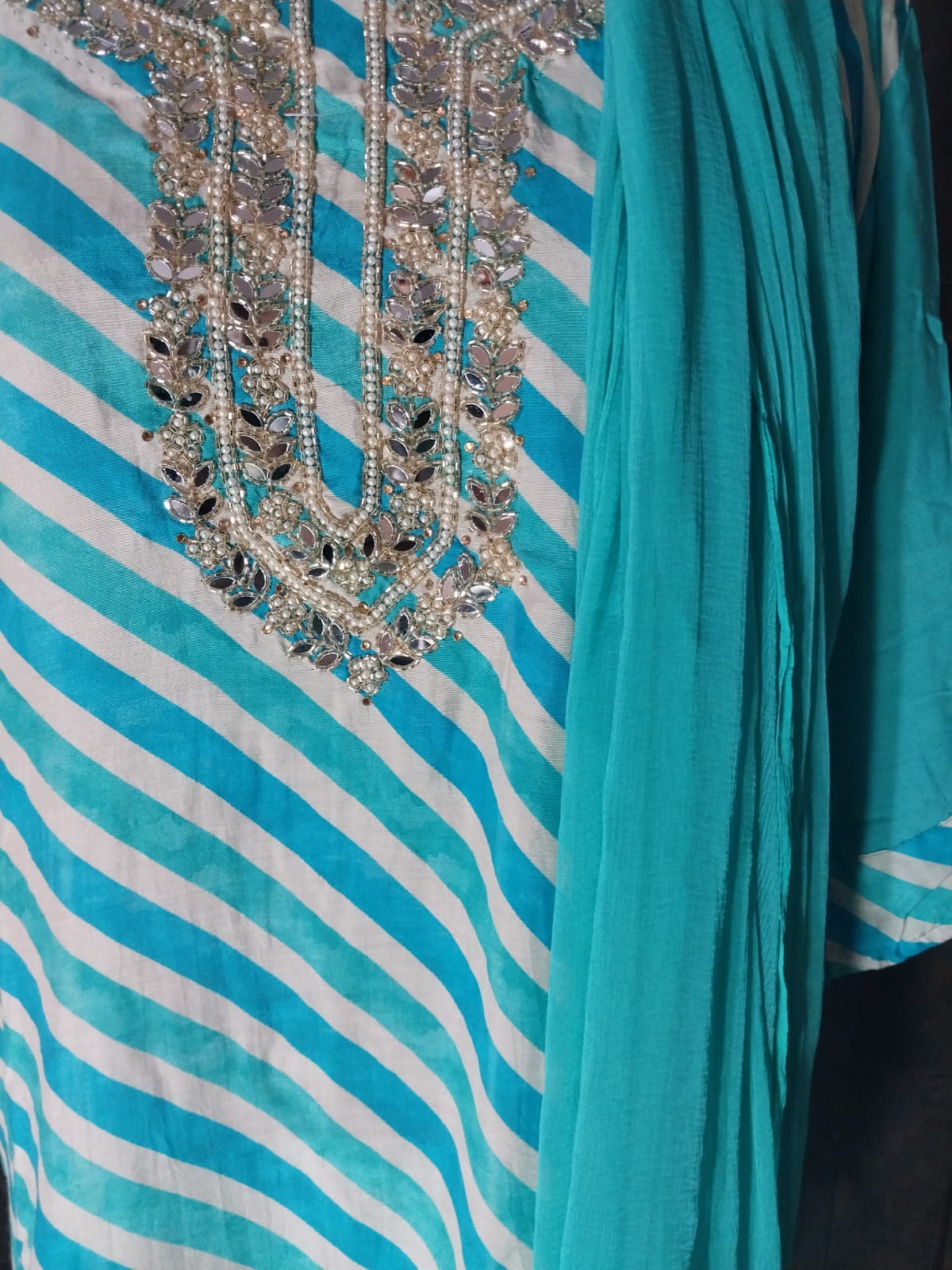 Turquoise and White Striped Kurti and Pant with dupatta 
