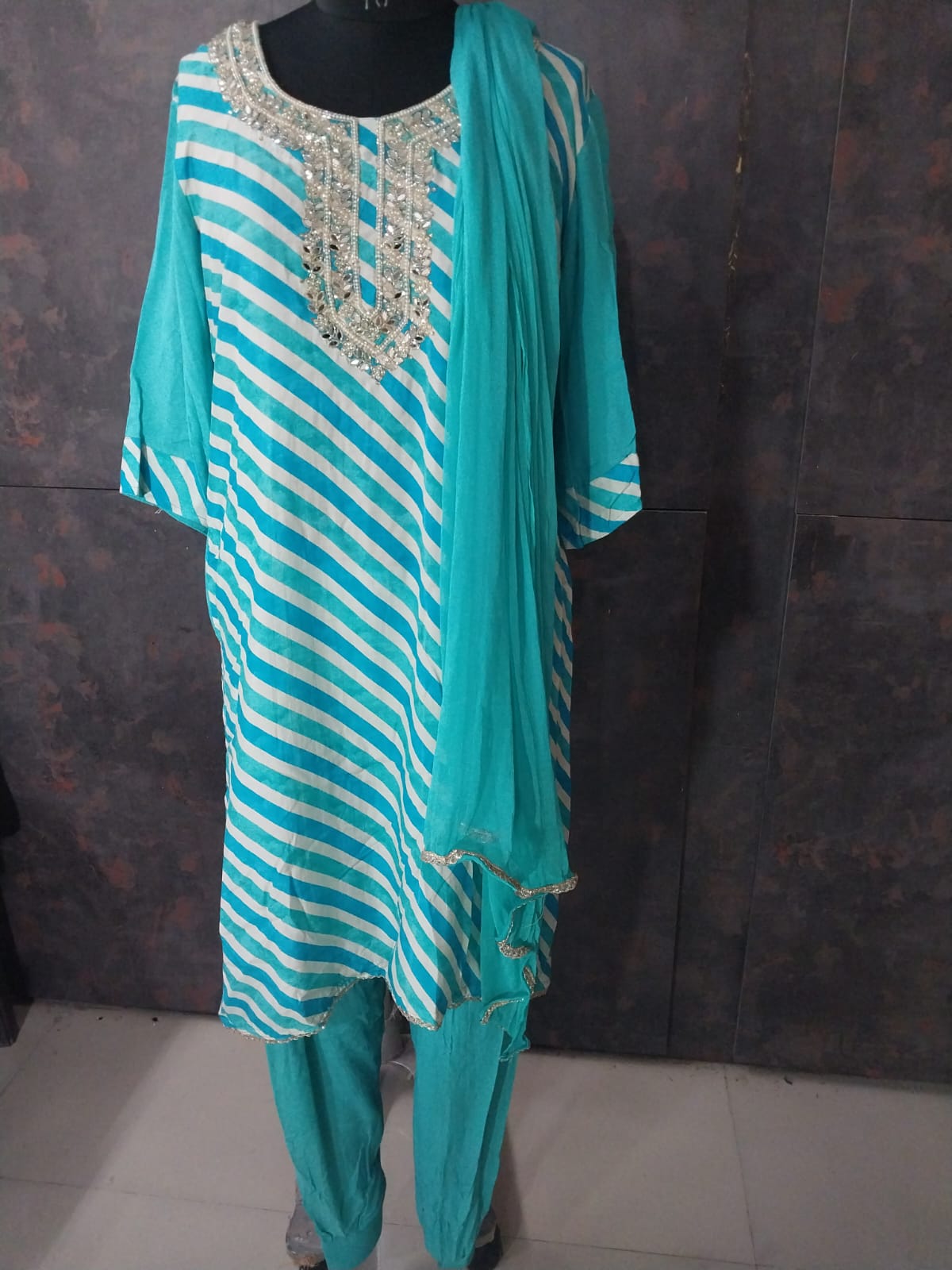 Turquoise and White Striped Kurti and Pant with dupatta 