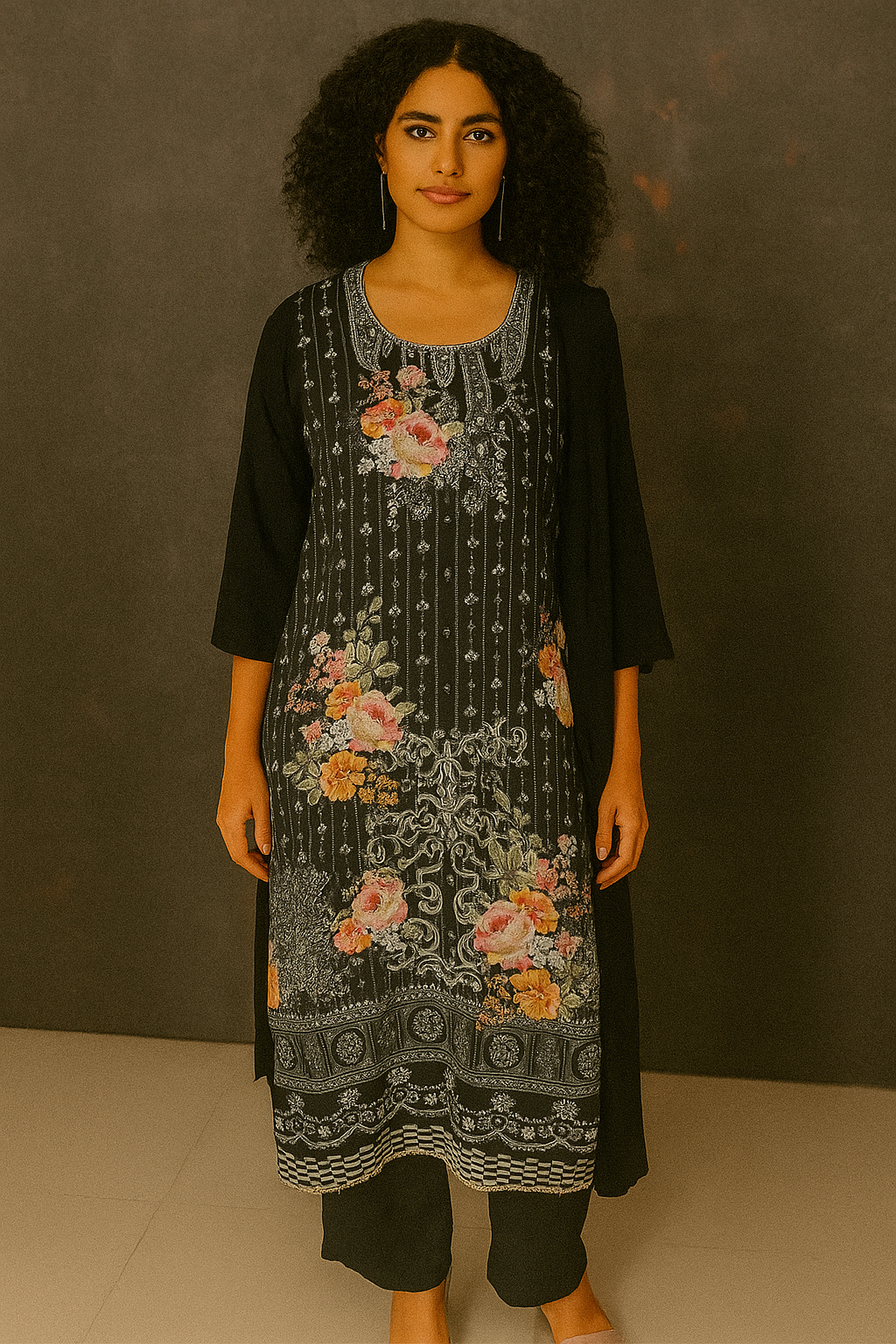 Stylish Black Floral embroider ethical Kurta Set