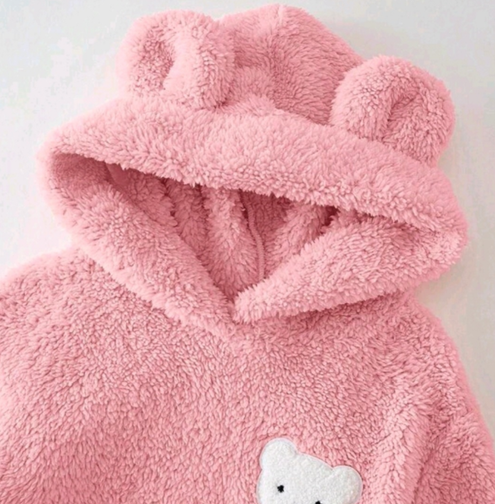 Felpa Calda Rosa con Cappuccio a Orecchie 3D e Applicazione Orsetto 