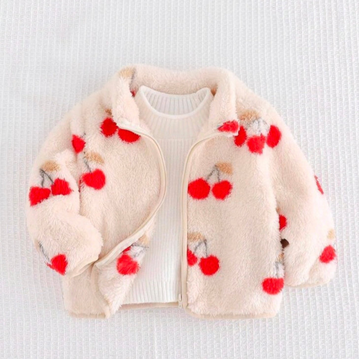 Giubbino Caldo in Pile Teddy (Crema) con Zip e Stampa Maxi Ciliegie 