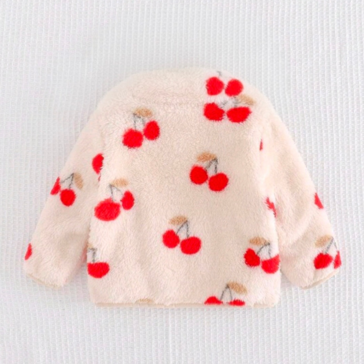 Giubbino Caldo in Pile Teddy (Crema) con Zip e Stampa Maxi Ciliegie 