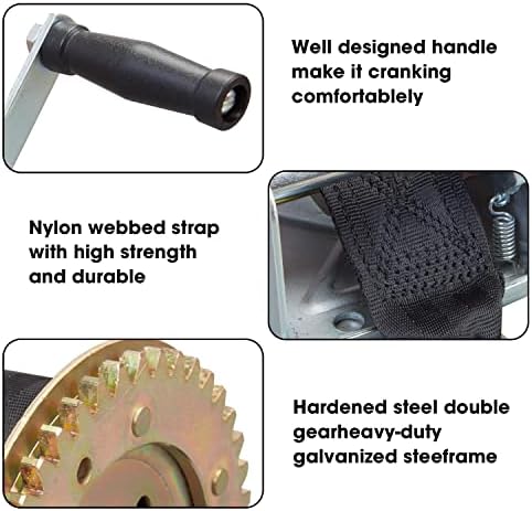 Torin 1600lbs Capacity Heavy Duty Steel Cable Manual Hand Crank Winch with 32.8ft Nylon Strap and Two-Way Ratchet, for Boats, Trailers, Trucks, ATVs