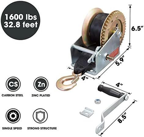 Torin 1600lbs Capacity Heavy Duty Steel Cable Manual Hand Crank Winch with 32.8ft Nylon Strap and Two-Way Ratchet, for Boats, Trailers, Trucks, ATVs