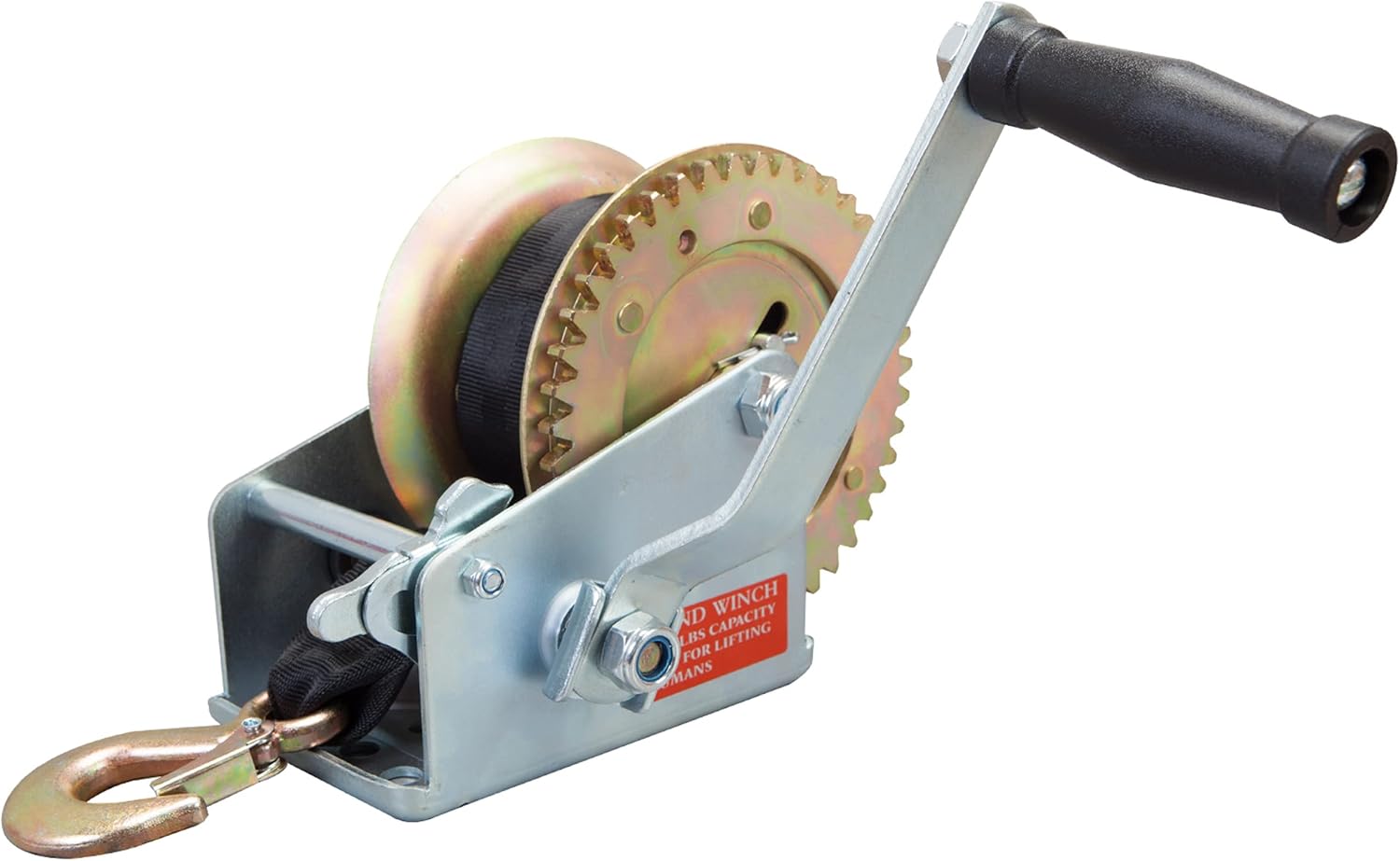 Torin 1600lbs Capacity Heavy Duty Steel Cable Manual Hand Crank Winch with 32.8ft Nylon Strap and Two-Way Ratchet, for Boats, Trailers, Trucks, ATVs