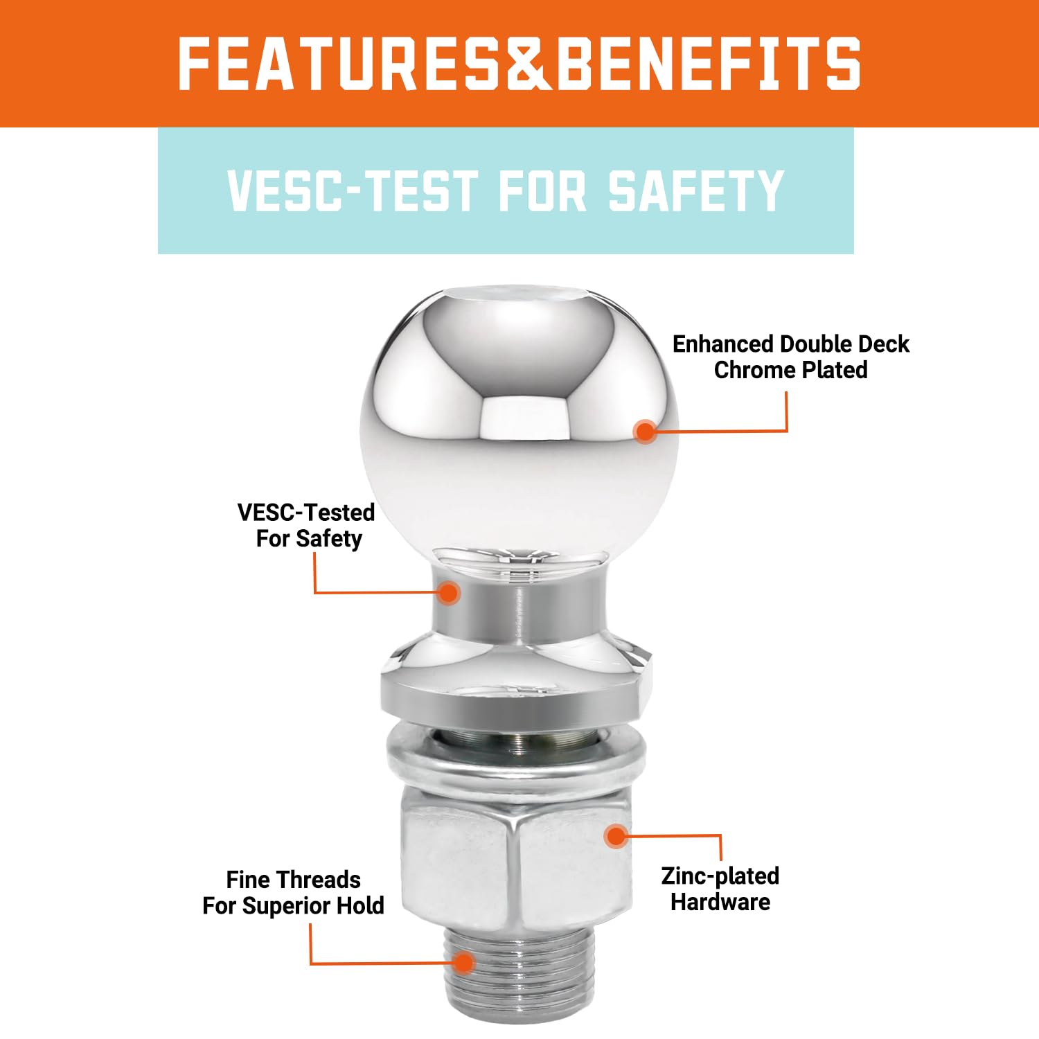 Citymons Chrome Trailer Hitch Ball, 1-7/8 Inch Diameter, 3,500 lbs, 1 x 2-Inch Shank, Universal Fit and Corrosion Resistant
