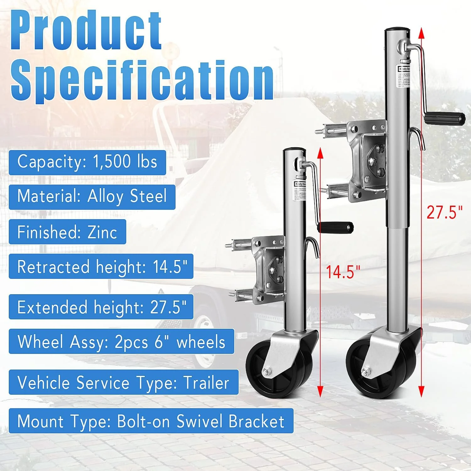 1500 lbs Trailer Jack with Dual Wheel, Heavy Duty Swivel Boat Trailer Jack, 13" Lift, Bolt-on Trailer Tongue Jack for RV Boat