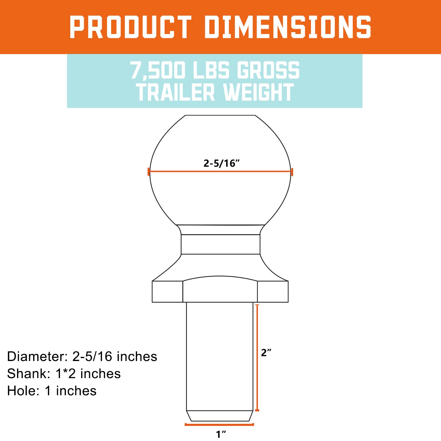 Citymons Chrome Trailer Hitch Ball, 1-7/8 Inch Diameter, 3,500 lbs, 1 x 2-Inch Shank, Universal Fit and Corrosion Resistant