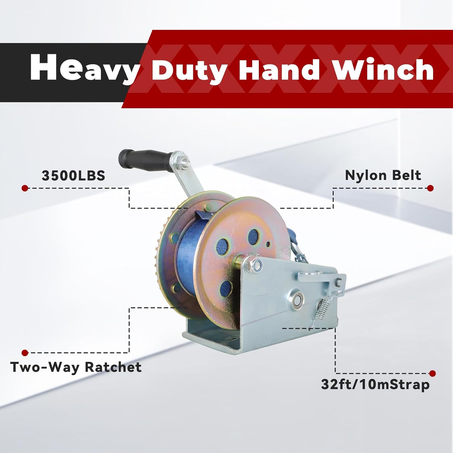 Hand Winch Boat Trailer Winch | 850LBS Manual Operated Hand Crank Ratchet Winch with (10m) Black Strap for Trailers ATV UTV Boat Marine Towing Truck Heavy Duty