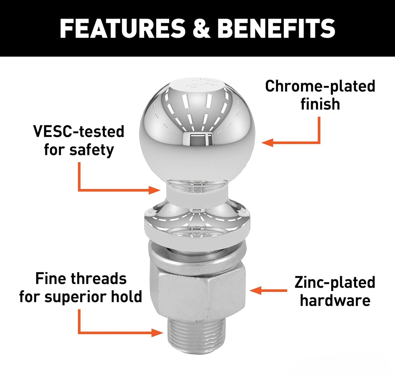 Chrome Trailer Hitch Ball, 6,000 lbs, 2-5/16-Inch Diameter, 1 x 3-Inch Shank