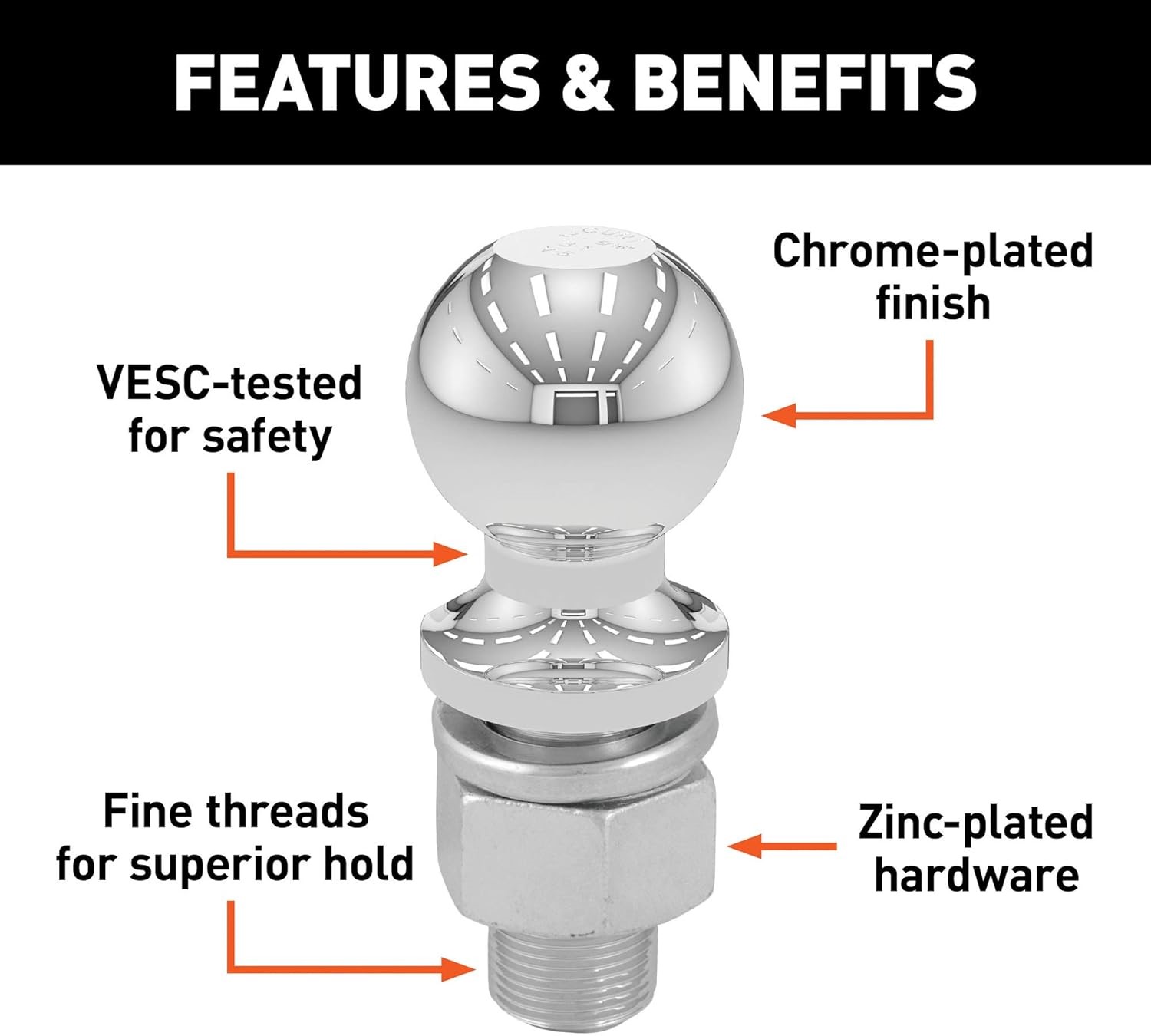Chrome Trailer Hitch Ball, 5,000 lbs, 2-Inch Diameter, 1 x 2-1/4-Inch Shank